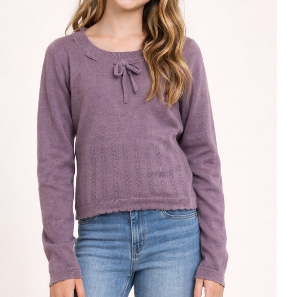 RSQ Other - RSQ Tillys Girls Plum‎ Knit Sweater Bow Neck Cable Knit Trim Kids Large